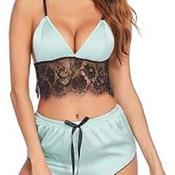 Women's Net & Satin Solid Above Knee Pajama PJ Set | Babydoll | Night Suit for Honeymoon-image-77