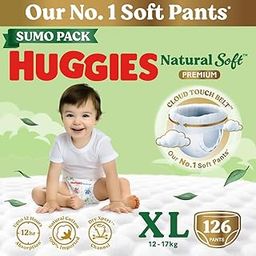 Huggies Natural Soft Premium Baby Diaper Pants, Our No.1 Soft Pants, Extra Large (XL) Size (12-17 Kgs), Sumo Pack of 126 diapers | Cloud Softness All over with India's 1st Cloud Touch BeltTM-picture-1