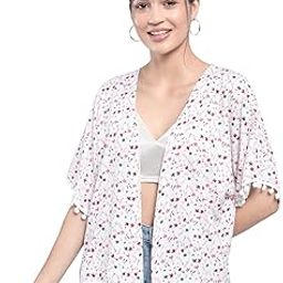 White Floral Printed Pom Pom Shrug-34