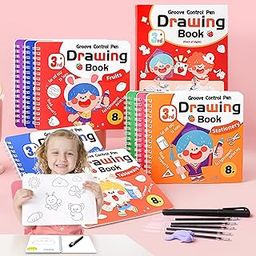 SUPER TOY 4Pc Magic Drawing Book for Kids Reusable Art Craft Practice Workbook for Toddlers 3-12 Years with 4 Refills Trace Drawing Book for Boys Girls Birthday Gift (Assorted Patterns)-image-37
