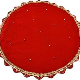 Navti Creations Handcrafted Red Round Velvet THAALPOSH/Puja aasan for God Mandir/Prasad Thali Cover with Cutwork Design border for Diwali, Navratri, karwa chauth and Various Puja Rituals (Pack of 1) 18 inches-image-86
