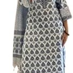 Women's Printed Soft Cotton Kurti Set with Leggings | 3/4 Sleeve Kurta and Bottomwear | Comfortable Ethnic Wear Color Blue&White-image-33