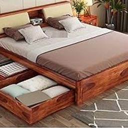 SAAMENIA FURNITURES™ Sheesham Wood Glossy King Size Bed with 4 Drawer Side Storage - Honey Finish-image-6