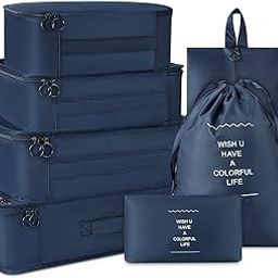 Lubardy 7 Set Packing Cubes For Suitcases Foldable Travel Luggage Packing Organizers With Laundry Bag & Shoe Bag For Women Men Lightweight Travel Packing Cubes, Navy, One Size (Nylon), Blue-2
