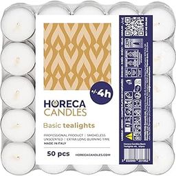 Horeca Candles - Tealight Candles - White Wax - 4 Hours Burn Time - Pack of 50 Unscented Long Lasting Tea Lights - 3.8 x 1.5 cm-14
