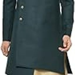 Men's Kurta Indo-Western Sherwani Dhoti Set, Green Cotton Blend, Solid Regular Fit Mandarin Collar Full Sleeves (XS)-image-54