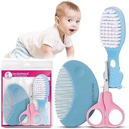 Majestique Baby Care and Grooming Set for New Born Baby, Baby Hair Comb Brush, Baby Comb, Baby Scissor, Baby Hair Accessory for Daily Use - 3Pcs/Multicolour-image-1