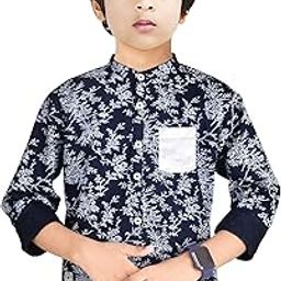 Cotton Full Sleeve Boy's White and Navy Printed Mandarin Chinese Collar Casual Shirt-image-84