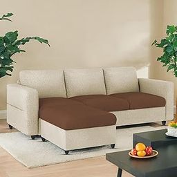 BRAXTON Brody 3 Seater Sofa with Ottoman Set for Living Room (Cream Brown Fabric) Premium Fabric Sofa-50