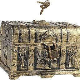 UJEAVETTE Antique Pirate Treasure Chest with Lock and Key for Brooches Bracelets Mail 14cmx10cmx9.5cm Bronze-23