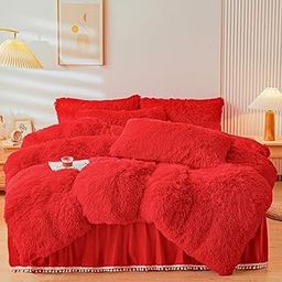 ERLOXO Fluffy red Faux Fur Comforter Cover Queen Set，Fluffy Fuzzy Plush red Bedding 3Pcs (1 Faux Fur Duvet Cover +2 Fuzzy Pillowcases) Fluffy Bed Set-image-59