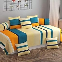 Stylish Threads Heavy Cotton 8 Pieces Diwan Set ||1 Single Bedsheet, 2 Bolster Covers, 5 Cushion Covers || :- Yellow-0