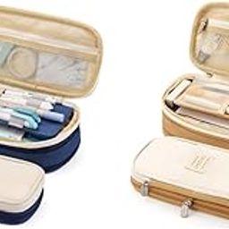 Nylon Large Capacity Pencil Pouch and Case Combo, Double Zipper, Multi-Compartment, for Kids, College Students, Journaling, Crafts, DIY, Planners, 22x11cm (Navy Blue & Khaki Black)-image-45