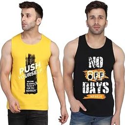 Printed Sleeveless Tshirt for Men Combo | Sando/Baniyan/Ganji Tank Top Gym Vest for Boys | Round Neck Dryfit T-Shirt for Sports Workouts, Vacations and Beaches | Pack of 2 Black & Yellow L-image-98