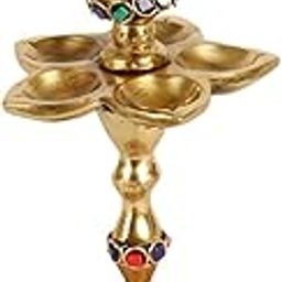 Two Moustaches Gemstone Work Peacock Over Ethnic Carved Legs Five Oil Wick Brass Diya, Diya for Home Temple, Standard, Pack of 1-picture-22
