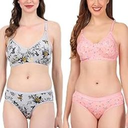 Women s Premium Cotton Printed Non Padded Wire Free Bra Panty Set 2 Pack Combo-image-28