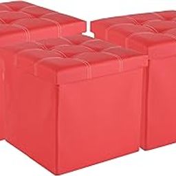 Kuber Industries Pack of 3 Foldable Storage Puffy Stool For Living Room, Bedroom & Home | Stylish Dressing Table Stool For Makeup & Puja Room - Ideal for Home Decor & Footrest | LJ-21-RD | Red-7
