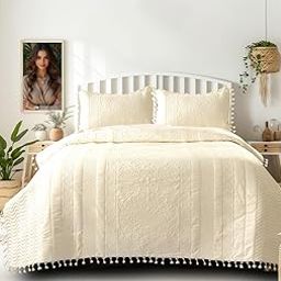 Byloom King Size Quilted Bedcover || Bedding Set with Tassels, Embossed Patter (Size 100x108 Inchs) with Matching Pillow Covers (Size 46x68 Cms) (Off-White)-image-10