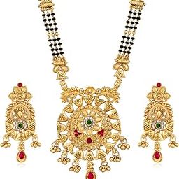 Gold Plated Rani Pink Green Synthetic Stone & Black Beads Studded Mangalsutra & Dangle Earrings Ethnic Jewellery for Women-image-40