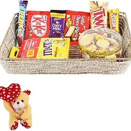 SFU E Com Multipurpose Basket With Chocolate Gift Hamper | Valentine Heart Teddy Bear With Chocolate Combo | Valentine Chocolate Hamper | 426-11