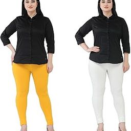 Premium Cotton Body Hugging Ankle Length Legging for Women, Soft and Comfortable Fabric with Elastic Closure, Free Size - Pack of 2pc (Fit Upto 25 to 32 Waist)- Off White, Yellow-image-80