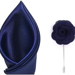 Navy Blue Satin Pocket Square Wedding Handkerchief Along with Polyester Navy Blue Flower Silver Leaf Brooch Lapel Men Brooch Boutonniere Tuxedo Pin- Pack of 2-image-36