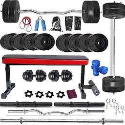 BodyFit BLACK 3Ft Curl, 5Ft Plain Rod, Flat Red Leg Extension Bench, 2X14 Dumbbell Rods Weight Plates, Fitness Exercise Set. (30KG Combo Set)-picture-27