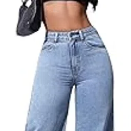 glossia Fashion Light Blue High Waist Straight Fit Jeans for Women Stretchable Wide Leg Denim Jeans (WJ1-S39-$)-picture-0