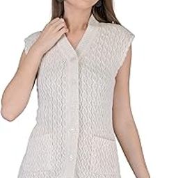 Women Woolen Cardigan Sleeveless Self Design Cardigan Daffodil Fabric Winter Wear Pure Wool Cardigan 100% Daffodil Wool Free Size Cotty Fully Warm with Front Pockets (XXL, Off White)-image-34