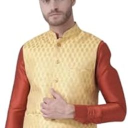 Cotton Blend Stylish Trendy Printed Pattern Sleeveless Comfortable Men only Nehru Jacket for Regular Use Ethnic Wear (Yellow, M)-image-65