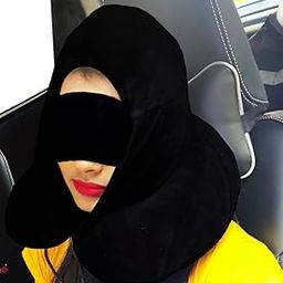JUZZII Velvet Hoodie Neck Pillow with Eye Mask Combo for Road Trip and Flight - Black Hoodie-image-51