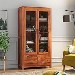 Craftswood Solid Sheesham Wood Bookshelf with Glass Door & 4 Drawers – Wooden Book Cabinet for Living Room & Home Library – Storage Shelf for Books & Decor – Preassembled, Honey Finish-28
