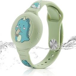 Kids Airtag Bracelet - Cartoon Dino Silicone Wristband, 9 Inches Adjustable, Anti-Lost, Waterproof Full Cover Protection for Air Tag, Green-16