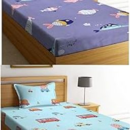 NEW LEAF Cotton Feel Soft And Smooth Cartoon Printed 2 Single Bedsheets Special For Kids Or Your Baby With 2 Matching Pillow Covers (Space & Ranbow, Multicolour), 180 Tc-16