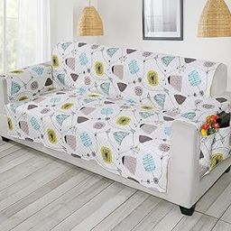 FABRIGAANZA Quilted Sofa Cover for 3 Seater Premium Armchair Protector with Antislip Backing and Side Pockets | Soft & Washable Fabric | Ideal for Homes with Pets, Kids, Daily Use - White Floral-image-96