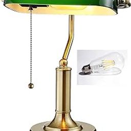 AYRIV Traditional Banker Lamp,Antique Desk Lamps with Brass Finish Base, raditional Library Lamp with Pull Chain, E26 Base, Vintage Desk Lamp for Office, Study Room,with Bulb (Metal, Green Shade)-23