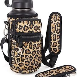 AJLTPA Water Bottle Holder with Adjustable Padded Shoulder Strap and 2 Pockets, Water Bottle Sleeve Carrier Compatible with Rambler 26 oz Bottle & 32oz Hydro Flask and More (Classic Leopard)-image-77