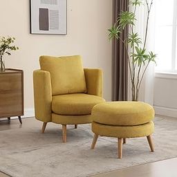 City Wood Palace - Modern Accent Chair with Ottoman, Upholstered Reading Armchair, Chair Single Sofa with Wooden Leg for Living Room Bedroom Reading Room (Mustard)-image-93