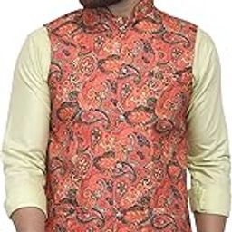 Men's Cotton Blend Printed Nehru Jacket Waistcoat (Orange, 42)-image-23