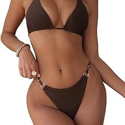 Women's 2 Piece Ring Linked Tie Back Swimwear Halter Triangle Bikini Swimsuit-image-45