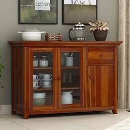 Craftswood Sheesham Wood Crockery Cabinet for Kitchen & Dining | Honey Finish Wooden Sideboard with Glass Doors | Storage Cabinet for Utensils, Plates, Bowls | Preassembled-image-39