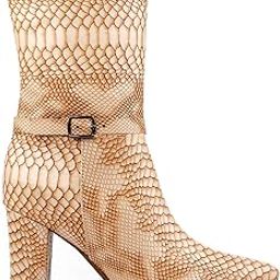 Women 9 Cm Block Heel Height Buckle Detail Snakeskin Boots And Casual Mid-Calf Dressy Boots-image-89