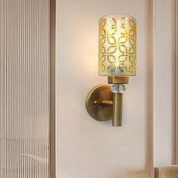 SAH Wall Mounted Golden Light Fixture with Patterned Glass Stylish Metal Body with Crystal Accent Decorative Sconce Lighting Wall Light Fixture for Living Room & Home Décor (with Bulb)-image-74