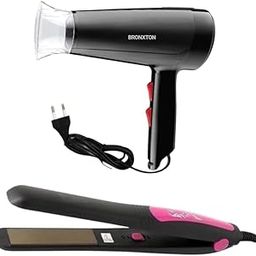 BRONXTON Professional Styling Set Straightener & Dryer Gift Combo for Women, 1800W Hair Dryer with 1 Head/2 Speed Setting, Hair Straightener comes with Ceramic Coated, (KM328) Black-63
