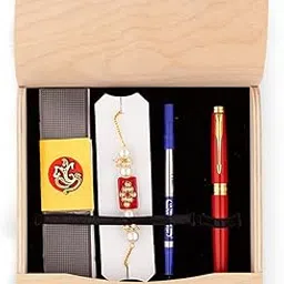 Parker Aster, Matte Red with Gold Trim Roller Ball Pen, Rakhi Combo, 4 Piece Set, Blue Ink, Best Choice for Rakhi Gift, Exquisite and Thoughtful Design-picture-2