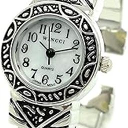 Ladies Silver Metal Bangle Cuff Fashion Watch with Stones Pearl Dial Wincci (Abalone), Silver-14