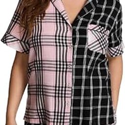 Checks Printed Nightwear Shorts for Women, Girls| Ultra Soft & Stylish Collar Neck Night Dress | Comfortable Cotton Summer Shirt and Short for Lounge Wear, Nightwear-image-60