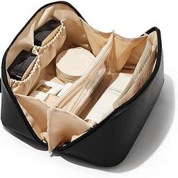 DEEVAA with AB Leather Travel Makeup Bag, Large Capacity Cosmetic Organizer, Waterproof Portable Toiletry Pouch, Flat Open with Divider and Handle, Black-image-91