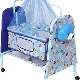 FLIPZON Foldable Baby Cradle with Swing | Comfortable Multi-Use Baby Cradle for Baby Comfort Sleep | Four Wheels with Brake | with Storage | Sturdy & Safe | Teddy Style | J7, Blue-picture-24
