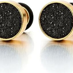 6-10mm Mens Women Gold Stud Earrings Steel Illusion Tunnel Plug Screw Back with Black Sand Glitter-image-27